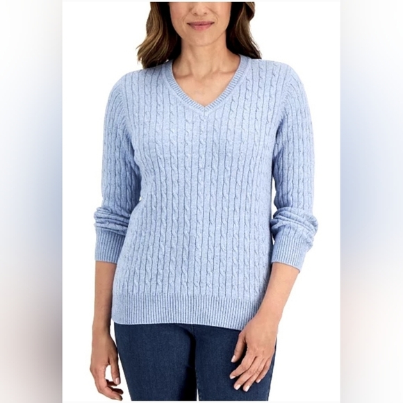 Karen Scott Blue Cable Knit V-Neck Sweater Size Large - Picture 1 of 6